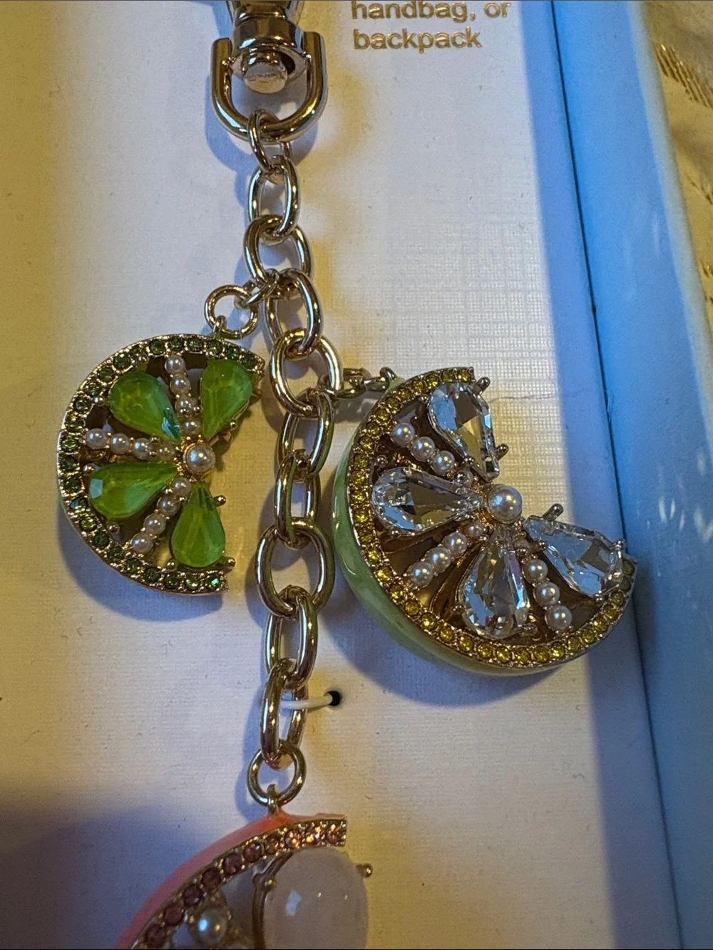 BNWT PIPER K Pink and Green Glass Stone Lemon Limes Key Chain Bag Charm